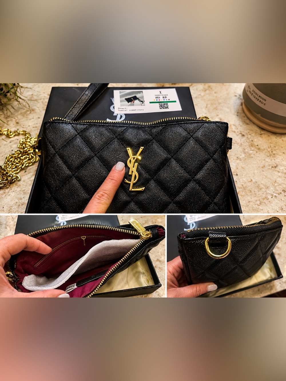 Source Unknown Black Quilted Wristlet with Gold Logo Hardware